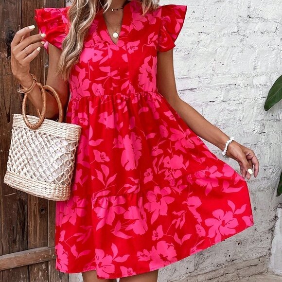 Red Boho Womens Floral Print Butterfly Sleeve Ruffle Hem Smock Dress - Picture 5 of 5